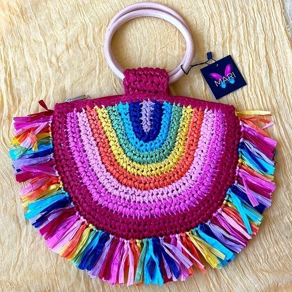 Brand New Mari Colorful Rainbow Straw Zippered Purse Wooden Handles Lightweight - Picture 1 of 14